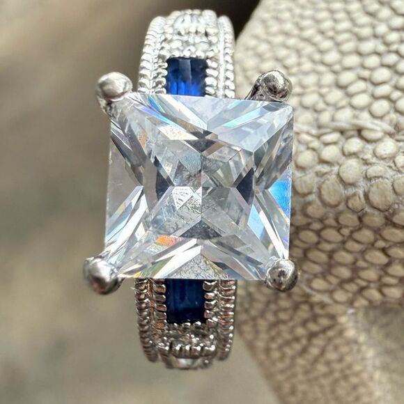 Large Princess Cut CZ Ring with Blue Accent Stones – Size 8 Bold Glam Look - Picture 12 of 17